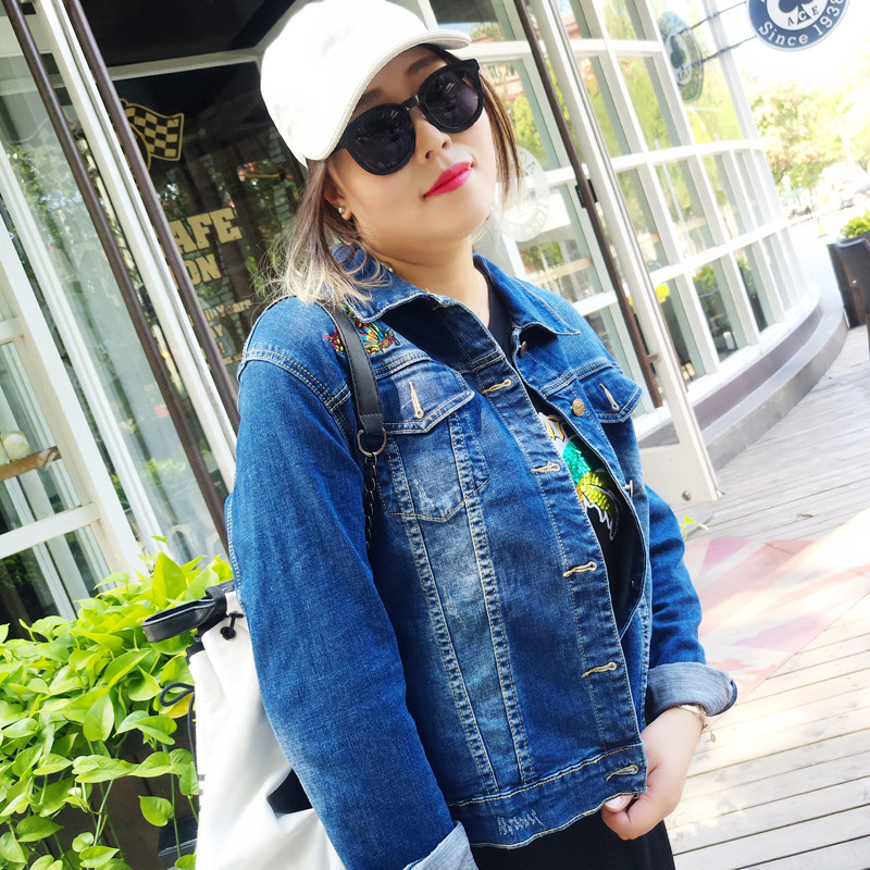 花边下大码秋装潮韩版花朵刺绣短款牛仔外套女百搭宽松休闲上衣