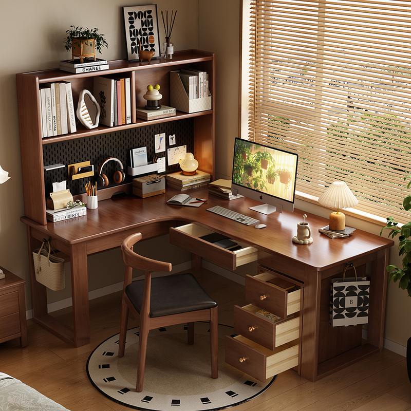 Solid Wood Furniture, Solid Wood Corner Desk, Bookshelf Integrated Table, Home Bedroom Bedside Desktop Computer Table, Study Table