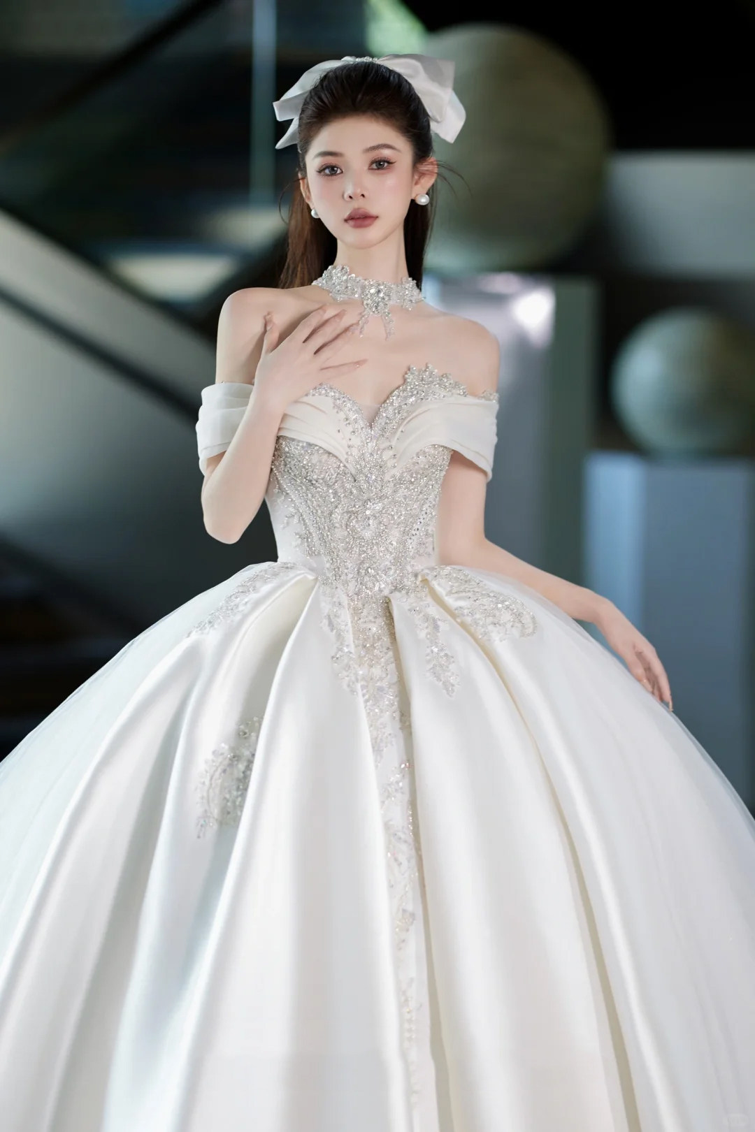 Французское атласное свадебное платье bride 2025, новинка, основное платье на одно плечо из пряжи large princess heavy industry, мелкая высококачественная текстура