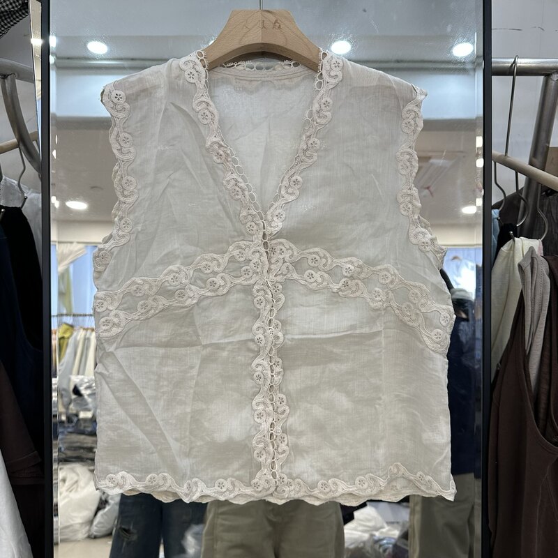 2026 Summer Style V-Neck Lace Patchwork Sleeveless Vest Top for Women, Vintage Thin Sheer Linen Shirt with Heavy Embroidery