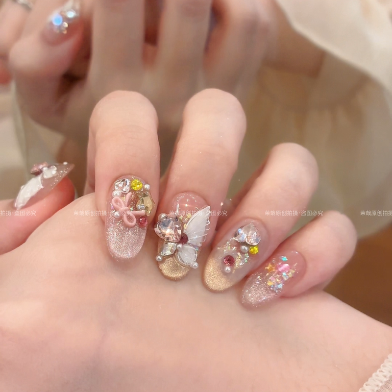 Mo Zai Original【Multi-Colored Butterfly】Wearable Nails 2026 Purely Handmade Nail Pieces Macaron Diamond Pearl Pieces A3612
