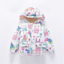 Autumn and winter animal flowers and birds graffiti childrens coat Winter thick velvet warm cotton coat Female baby cotton clothing hooded jacket