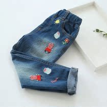 Spring and autumn new childrens trousers Pure cotton fashion pig embroidery jeans Childrens baby leggings casual trousers