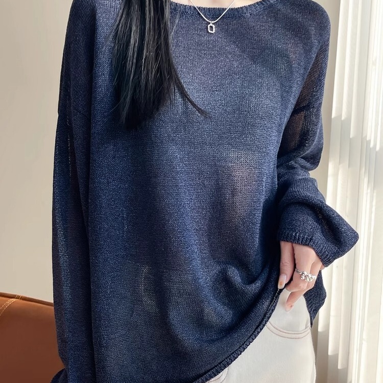 One-Line Neckline Slightly Sheer Linen Knit Top, Loose and Lazy Style, High-End Feel with Paper Yarn, Long-Sleeved Blouse, Sheer Top