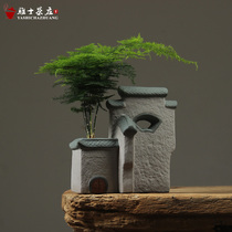 Zen flower vase Retro Jiangnan garden bamboo potted plant ornaments Coarse pottery living room office tea table flower vase