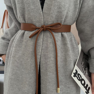 Brown Knotted Coat Belt for Women, Decorative 2025 New Style, High-End Women's Genuine Leather Thin Belt, Versatile Accessory