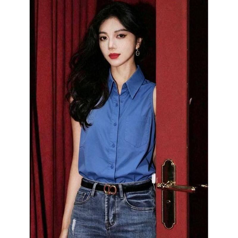 Summer 2026 New Style Elegant and Age-Reducing Blue Sleeveless Shirt for Women, High-End Design, Niche and Stylish Vest Top Summer 2026 New Style Elegant and Age-Reducing Blue Sleeveless Shirt for Women, High-End Design, Niche and Stylish Vest Top