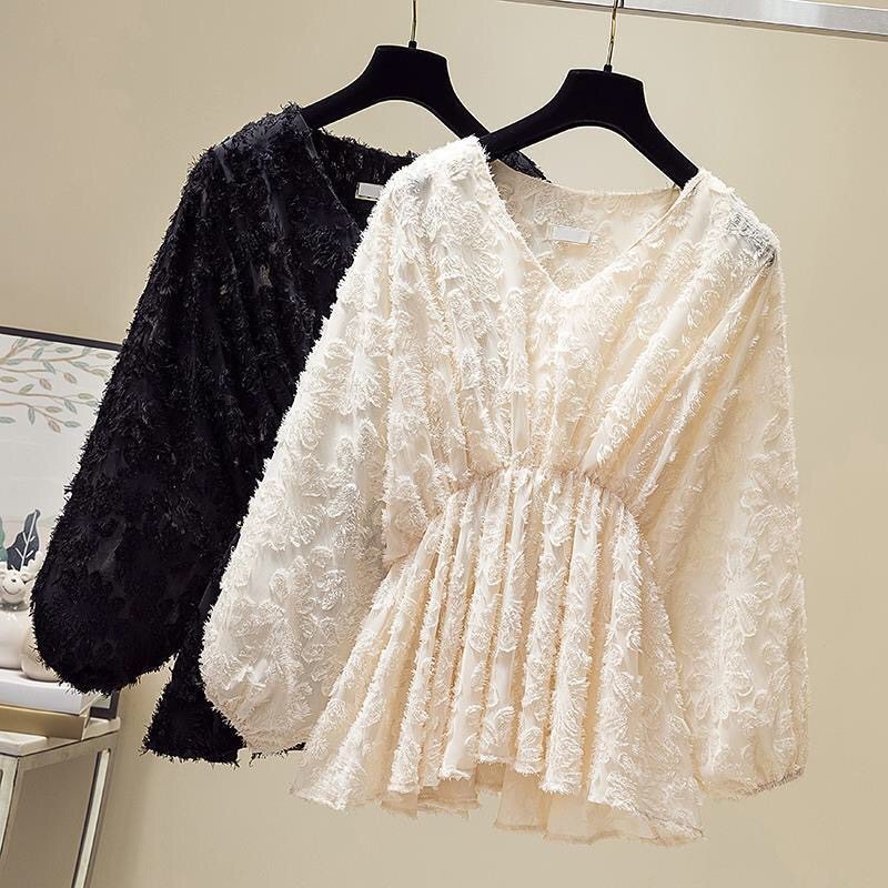 Весенне-осенняя новая шифоновая рубашка, женская кружевная рубашка с V-образным вырезом, свободная, закрывающая живот, для похудения, топ в западном стиле