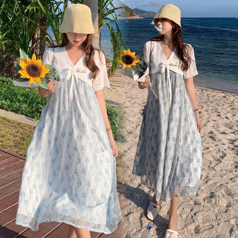 Pregnant Women's Ocean Dress Summer Long Edition Spring Dress Foreign Pie Little Fresher Senior Sensation Gestational Woman Dress Not To Be Pregnant With a Belly Dress Skirt