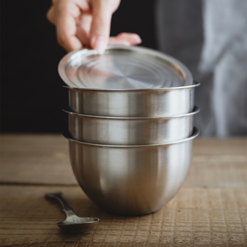 AMAGOUR Japanese-style 304 stainless steel matte household with lid baby small rice bowl fruit baking dipping bowl