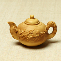 Boxwood carving plum blossom teapot ornaments solid wood carving handlebar crafts log play with flowers and birds collectibles