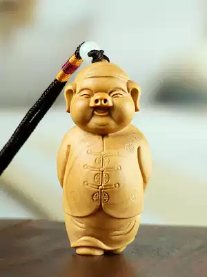 Boxwood carving handlebar landlord home decoration decoration solid wood handle Wen play pieces hand-carved craft gift decoration lucky pig rich man