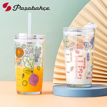 Glass Pasha Pasha imported cute Milk Cup with lid straw high temperature resistant tempered cup graduated water Cup