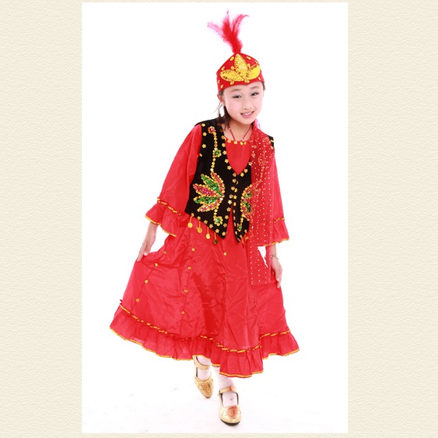 Tân Cương Cô gái Biểu diễn Múa Trang phục Trẻ em Xiêm Sân khấu Hiện đại Váy múa Uygur Trang phục Mũ áo trẻ em