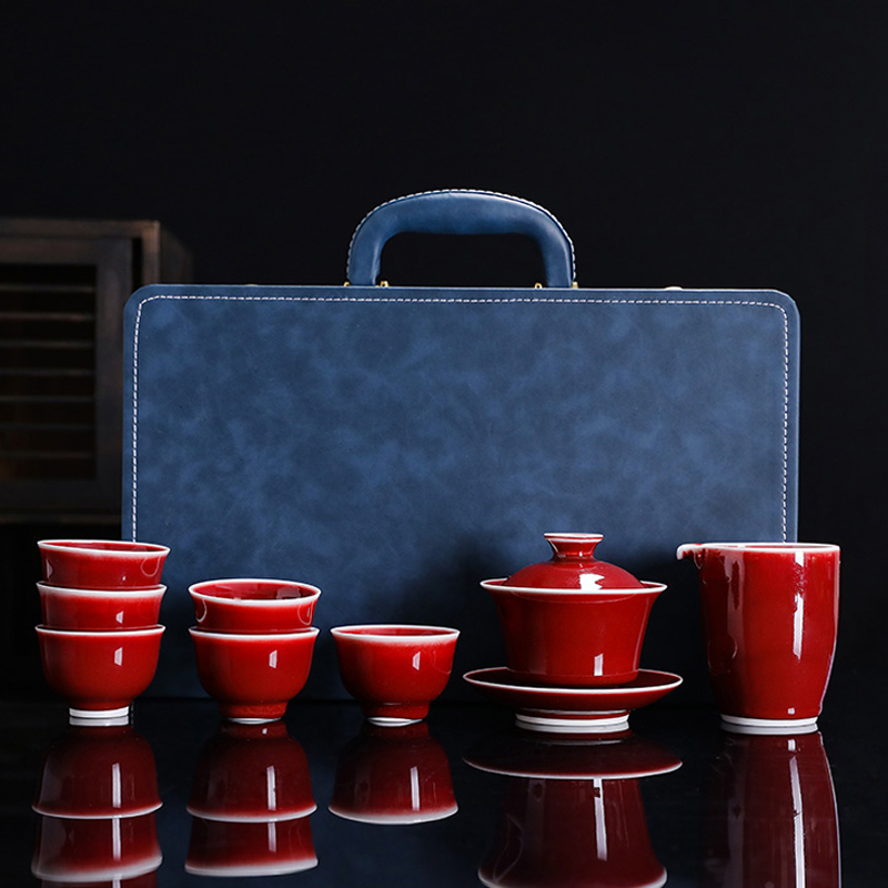 Jingdezhen Langhong Sancai Gaiwan Kung Fu Tea Set Wedding Celebration Home Use Complete Set Gift Box Ceramic Gift