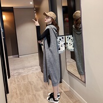 Pregnant women autumn and winter dress fashion knitted hooded sweater knee skirt sleeveless vest two-piece set