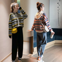 Pregnant womens autumn and winter clothing fashion wear age-reducing hooded top belly carrot pants two-piece set
