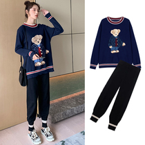 Pregnant women autumn and winter clothing set fashion tide mother foreign style out knitted sweater jacket loose wide leg pants two-piece set