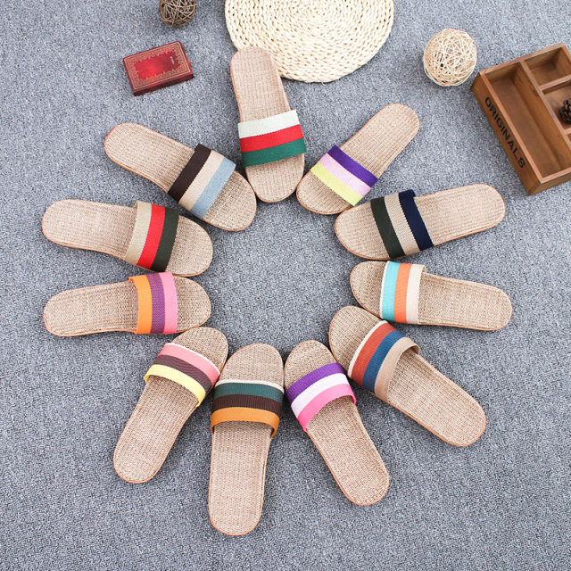 Linen slippers bedroom floor summer home men and women summer couples home thick-soled non-slip indoor slippers for women