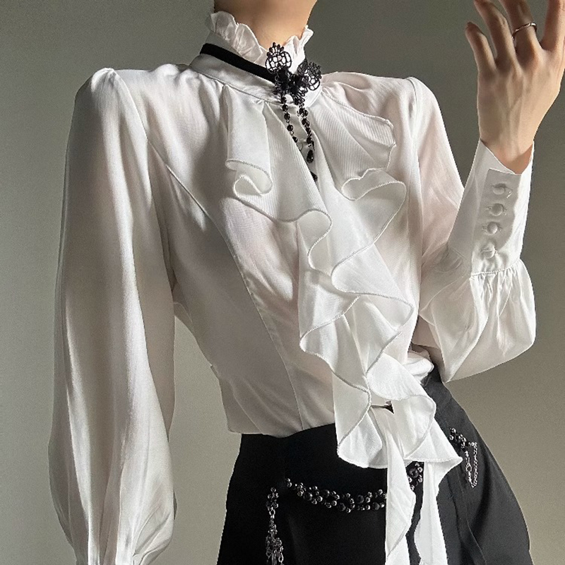 French Retro Palace Style Shirt for Women Niche High-End Design Ruffled Long-Sleeved Shirt Unisex Style Outfit
