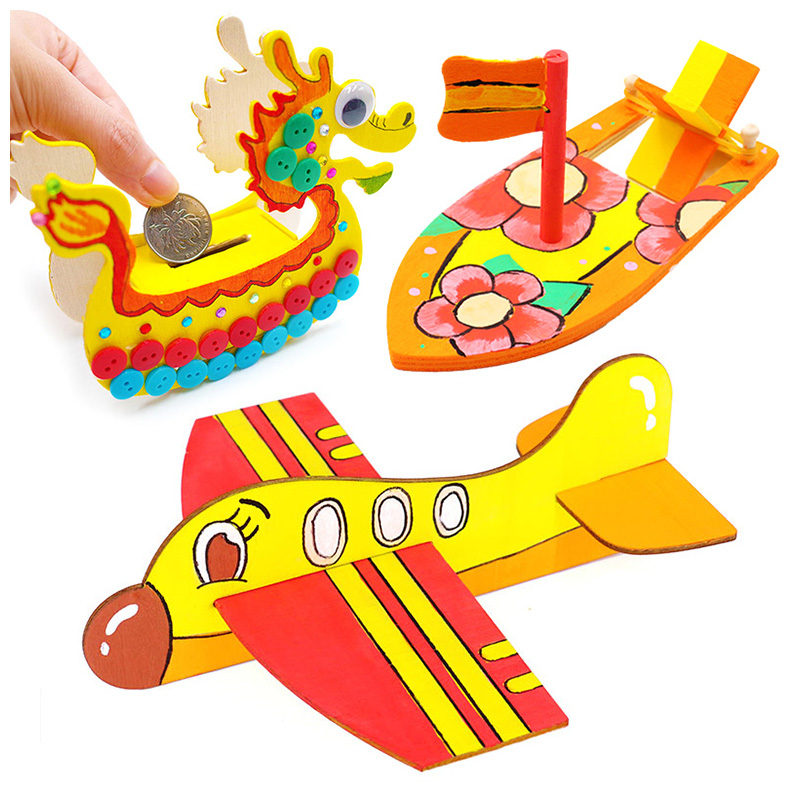 Wooden sailboat creative painted white blank model Kindergarten children's coloring DIY ship handmade material package