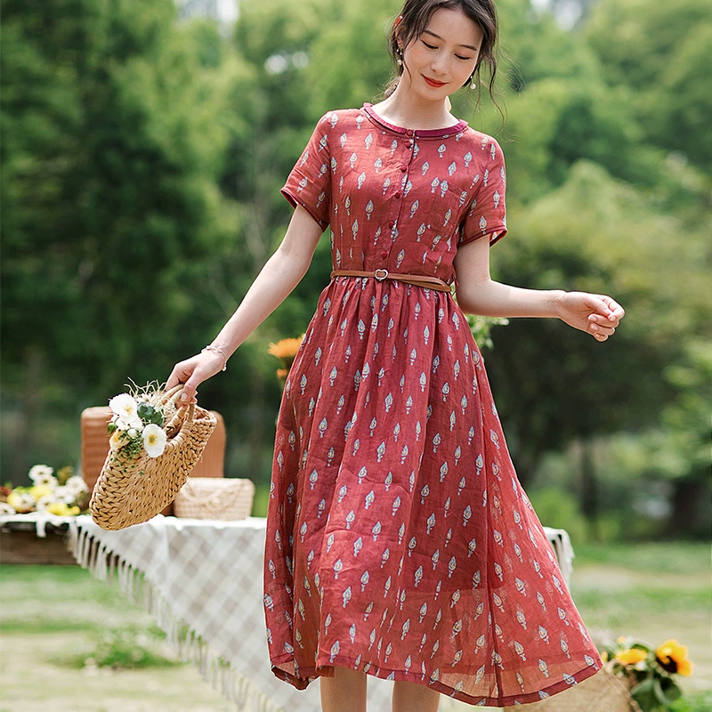 Hong Nian Women Summer 2020 New Eo Eo Thin Mid-length Dress Red In Ramie A-line Dress - Váy dài