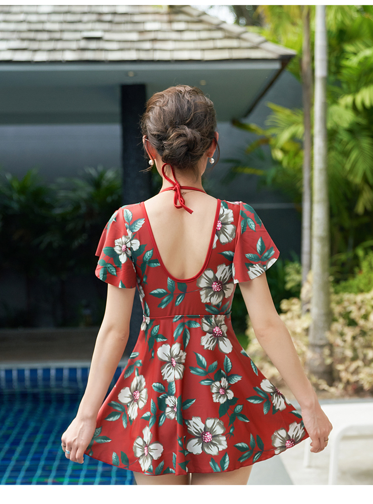 Áo tắm nữ mẹ trung niên bó sát bảo thủ váy áo tắm che bụng giảm béo mùa xuân nóng bỏng cỡ lớn tay áo bơi đồ bơi 1 mảnh