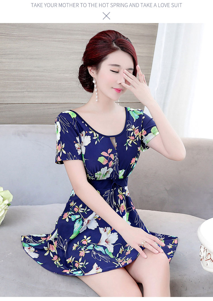 Chia áo tắm nữ kiểu váy bảo thủ tuổi trung niên che bụng mỏng bong bóng nóng mùa xuân tắm phù hợp với kích thước lớn áo tắm mẹ lỏng 	bikini 2 mảnh màu xanh