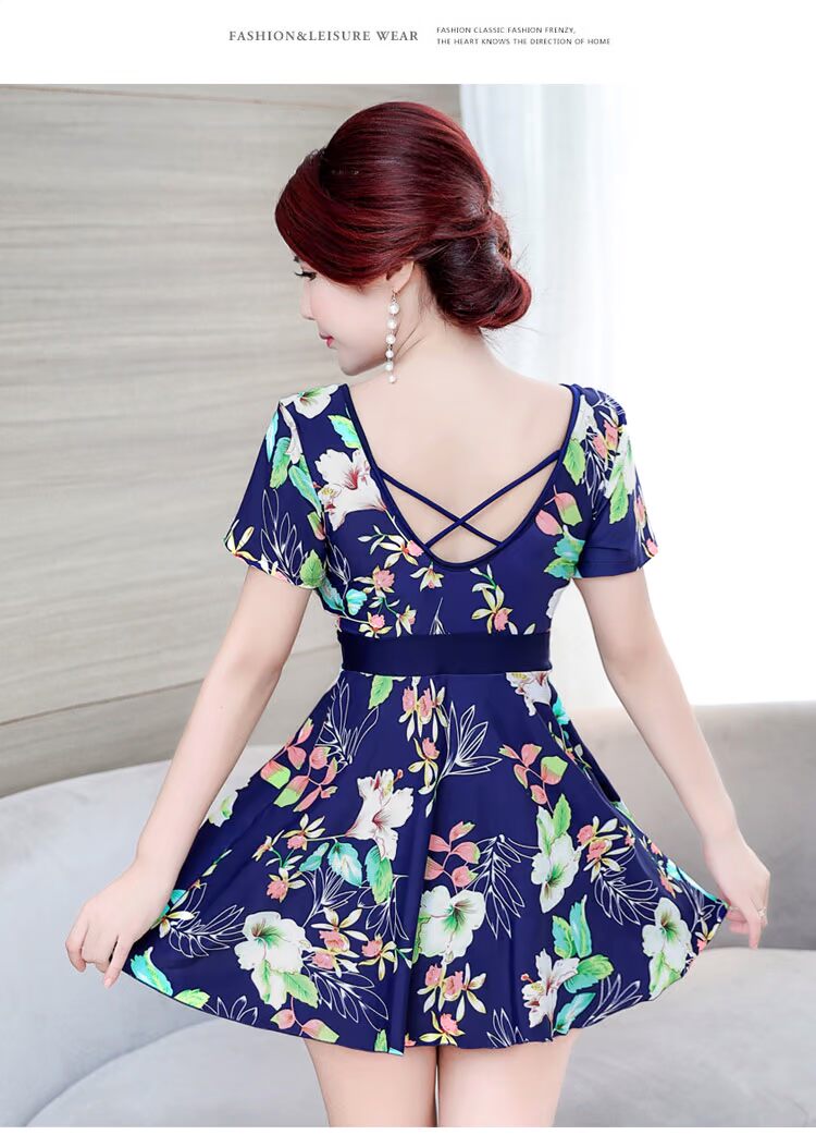 Chia áo tắm nữ kiểu váy bảo thủ tuổi trung niên che bụng mỏng bong bóng nóng mùa xuân tắm phù hợp với kích thước lớn áo tắm mẹ lỏng 	bikini 2 mảnh màu xanh