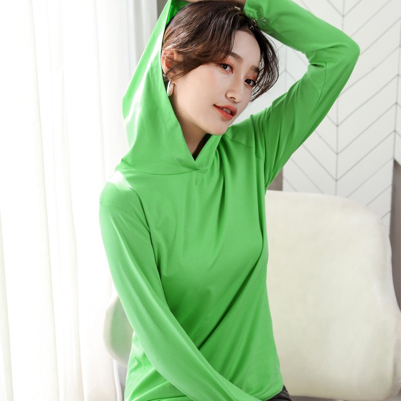 Pure Cotton Loose Thin Long-Sleeved T-Shirt Women's Hooded Casual Jacket Top Hoodie Sun Protection Shirt for Outer Wear Solid Color Autumn