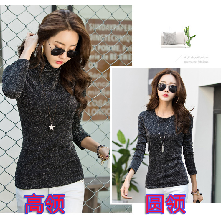 Áo lưới bằng vàng và bạc lưới cộng với nhung dày cổ cao chạm đáy áo sơ mi nữ cỡ lớn mùa thu và mùa đông sáng màu áo thun lụa dài tay áo ấm áo phông nữ hàn quốc