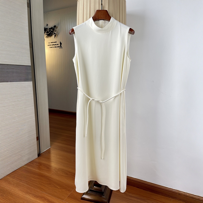 K-Acetate Linen Stand-Up Collar Dress for Women, Summer Loose-Fitting Tie-Up A-Line Dress, Elegant Sleeveless Tank Dress, Mid-Length Style