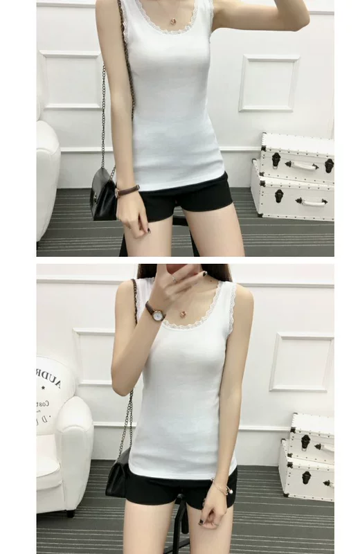 Mùa xuân mặc áo cotton mỏng tay áo thun không tay áo sơ mi ren yếm áo vest nữ ngắn mùa hè - Áo ba lỗ