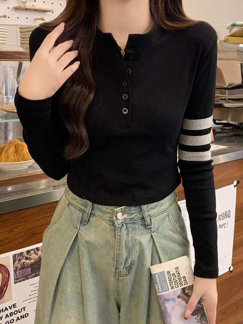 Chic and High-End Versatile Half-Open Collar T-Shirt for Women, Spring 2026, with Shoulder Pads, Contrasting Color Horizontal Stripes, Unique Top