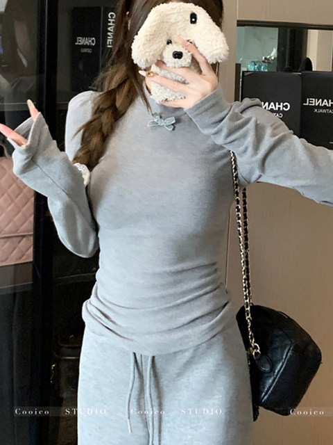 American-Style Gray Brushed Half-High Collar Long-Sleeve T-Shirt for Women, Spring and Autumn Inner Layer, Slim-Fit Base Shirt with Bow, Brushed Top