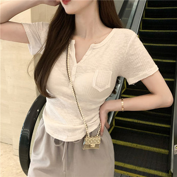 White Short-Sleeve T-Shirt for Women, 2025 Summer New Slim-Fit Korean V-Neck Bamboo Cotton Side-Slit Top, Base Shirt