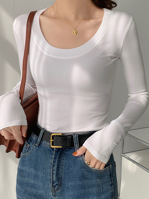 Sexy U-Neck Collarbone-Exposing Long-Sleeve T-Shirt for Women, 2024 Autumn and Winter New Style, Simple Black Slim-Fit Slimming Base Shirt