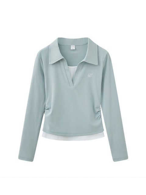 Blue Polo Collar Long-Sleeve Base T-Shirt for Women, 2025 Autumn, Versatile Style, Can Be Both Edgy and Sweet, Faux Two-Piece, Embroidered, Ruched, Complexion-Enhancing Top