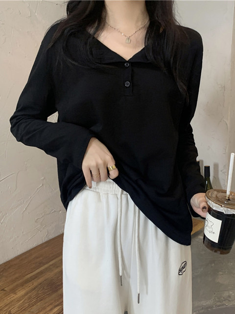 Korean Style Half-Open Collar Gray Long-Sleeve T-Shirt for Women, Early Spring New Style, Simple Casual Loose Fit, Regular Shoulder, Versatile Base Shirt ins