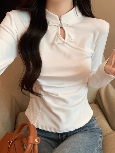 New Chinese-Style National Trend Button-Up Stand Collar Base Shirt for Women, 2025 Spring New Fashion, Stylish Pleated Short Top