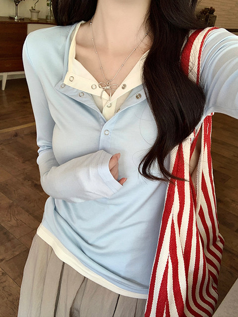 Blue Color-Enhancing Half-Open Collar Long-Sleeve T-Shirt for Women, 2024 Autumn, Fake Two-Piece with Hidden Button Design, Unique Short Top ins