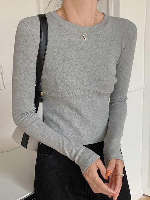 Korean Style White Round Neck Long-Sleeved T-Shirt for Women, Autumn and Winter New Design, Fishbone Slim Fit, Slimming Short Top