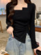 Pure Desire Style Square-Neck Pleated Chic and Beautiful T-Shirt for Women, Spring Cool and Spicy Girl Style with Irregular Slit Design Top Ins