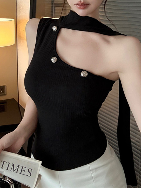 Hot Girl Style Design Halter Neck Camisole for Women, Summer Outerwear, Sexy Off-Shoulder Irregular Short Knitted Top