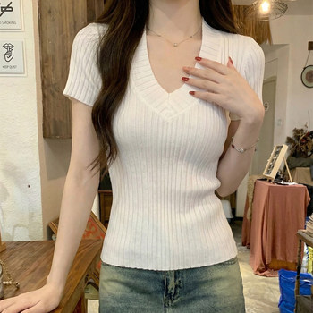 Gentle Korean-Style V-Neck Waist-Cinching Short-Sleeve Blouse for Women, Summer White Simple Fashion Slim-Fit Ribbed Elegant Top
