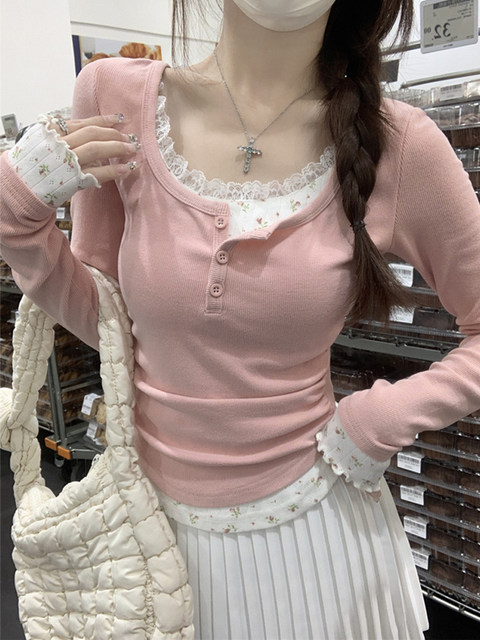 Sweet Girl Color-Block Lace Floral Long-Sleeve T-Shirt for Women, New Autumn Style with Button Pleats and Unique Design