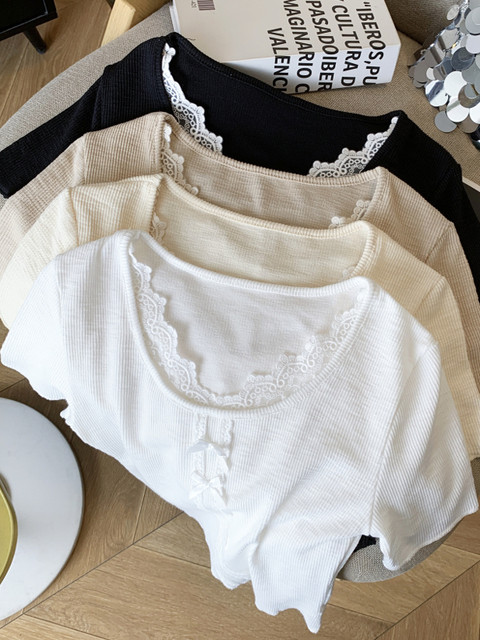Summer 2025 New Design Lace Splicing Sweet Summer V-Neck T-Shirt for Women, Short Slim Fit Slimming Bm Top