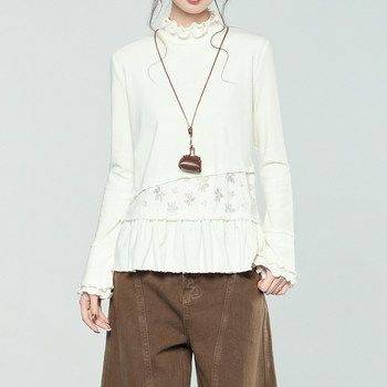 Ruffled Half-High Collar Brushed Base Shirt for Women, Autumn and Winter Lace Hem Design, High-End Niche Unique Top