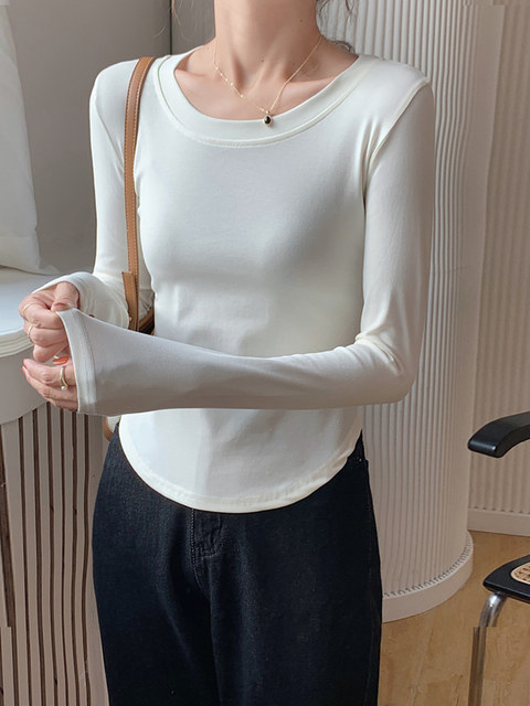 Chic Round Neck Irregular Hem Long-Sleeved T-Shirt for Women, New Autumn Korean Style Solid Color Slim Fit Short Top