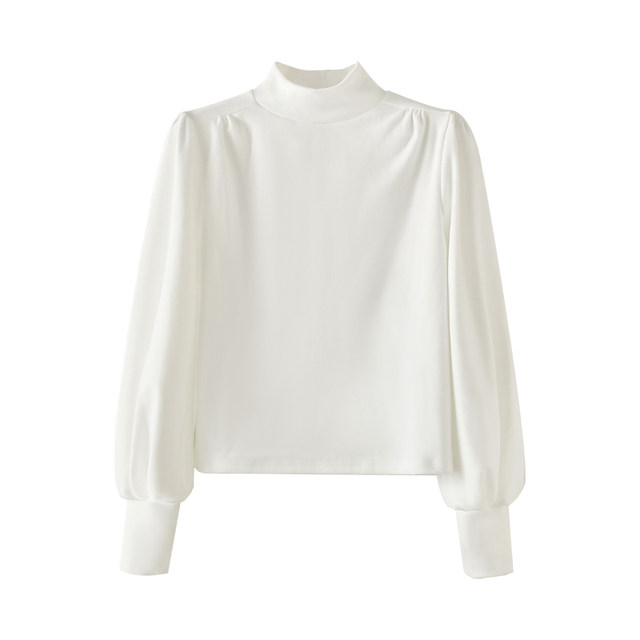 French-Style Half-High Collar Puff Long-Sleeve T-Shirt for Women, New Autumn and Winter Simple White Slim-Fit Thermal Base Layer Shirt ins